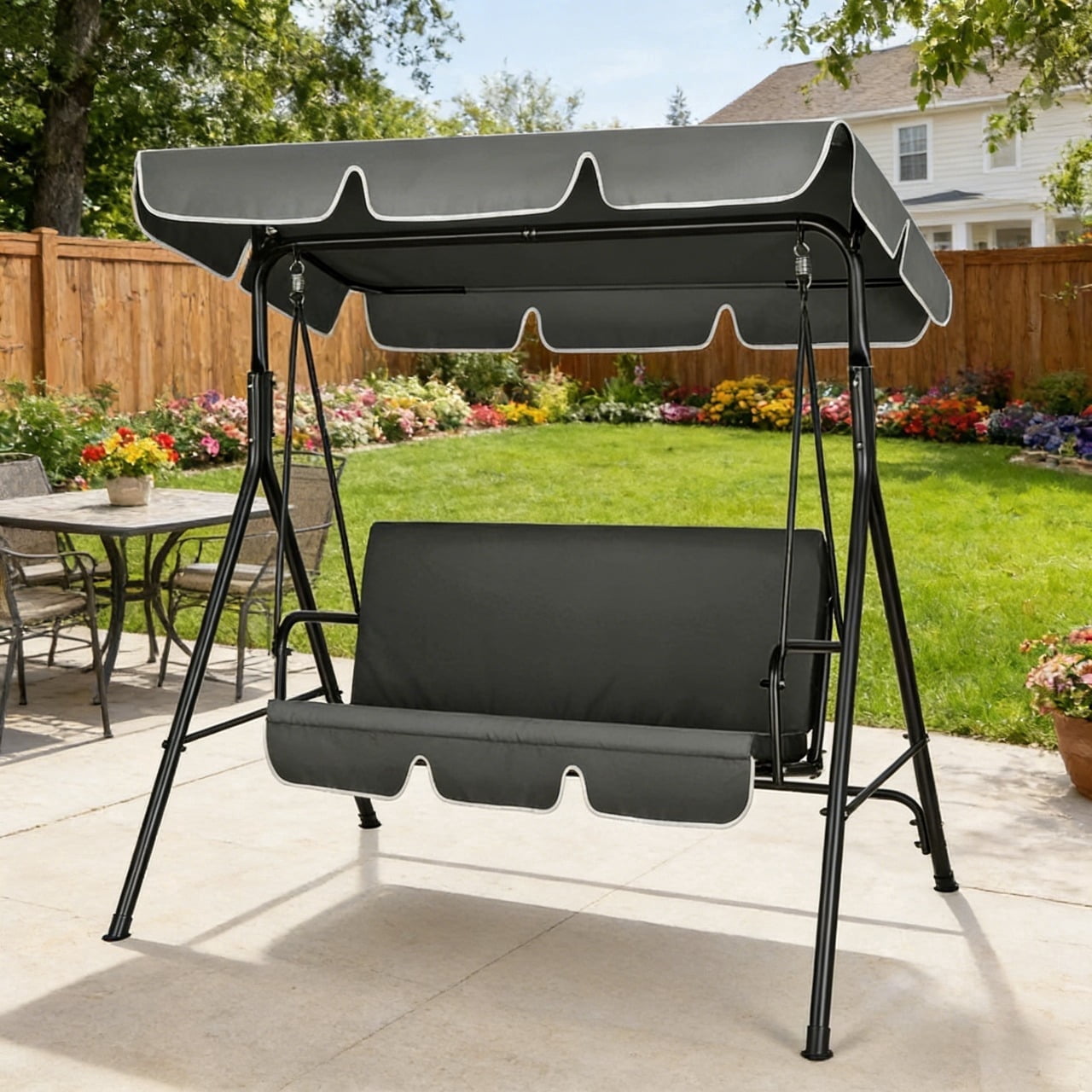 SPECSTAR 3 Seats Patio Porch Swing Chair, Converting Canopy,Removable Cushion,Cushioned Steel Frame Porch Canopy Swing Chair for Patio Garden, Gray