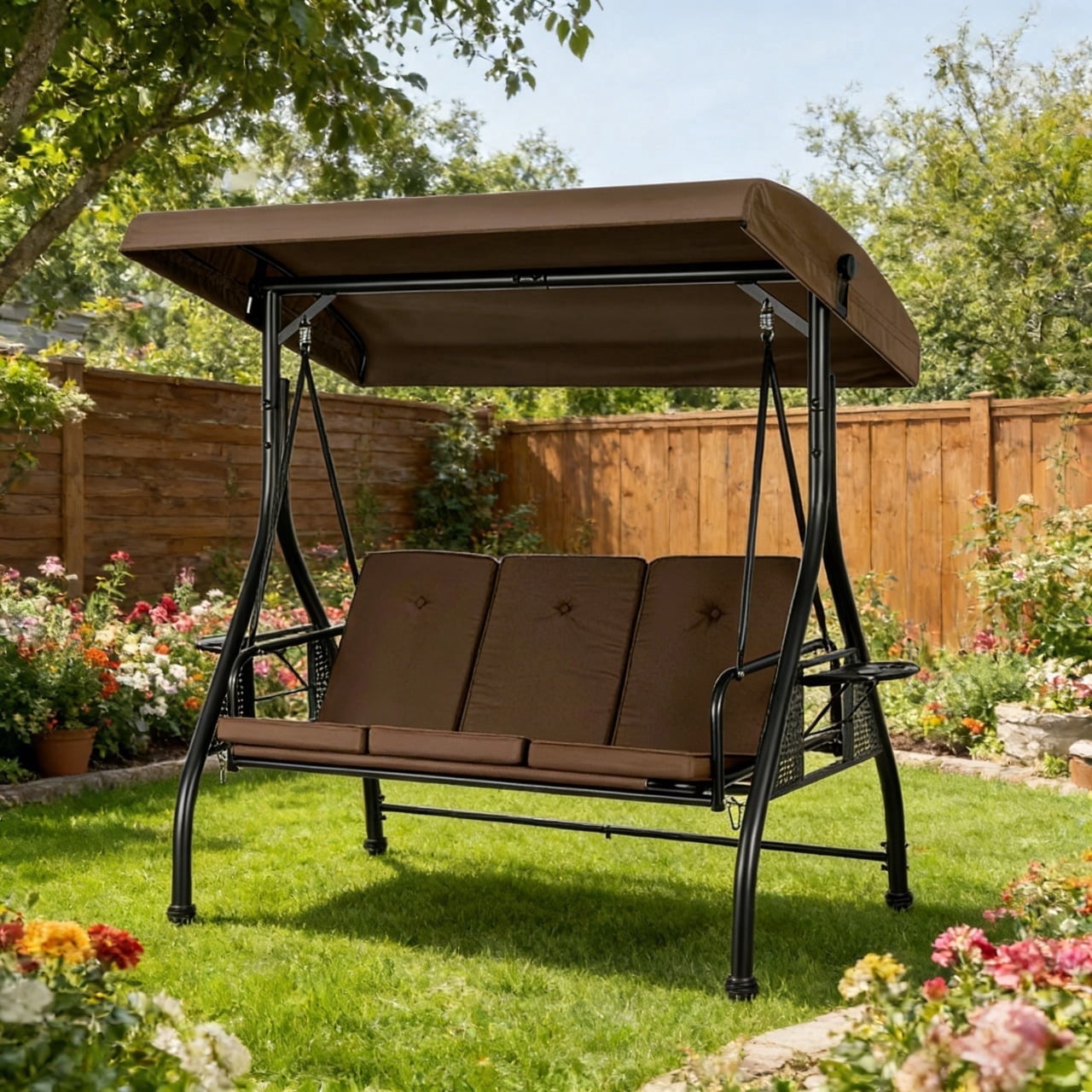 SPECSTAR 3 Seats Patio Swing Chair, Outdoor Converting Canopy Swing Chair w/ Removable Cushion,Swing Glider Hammock for Patio, Garden, Brown