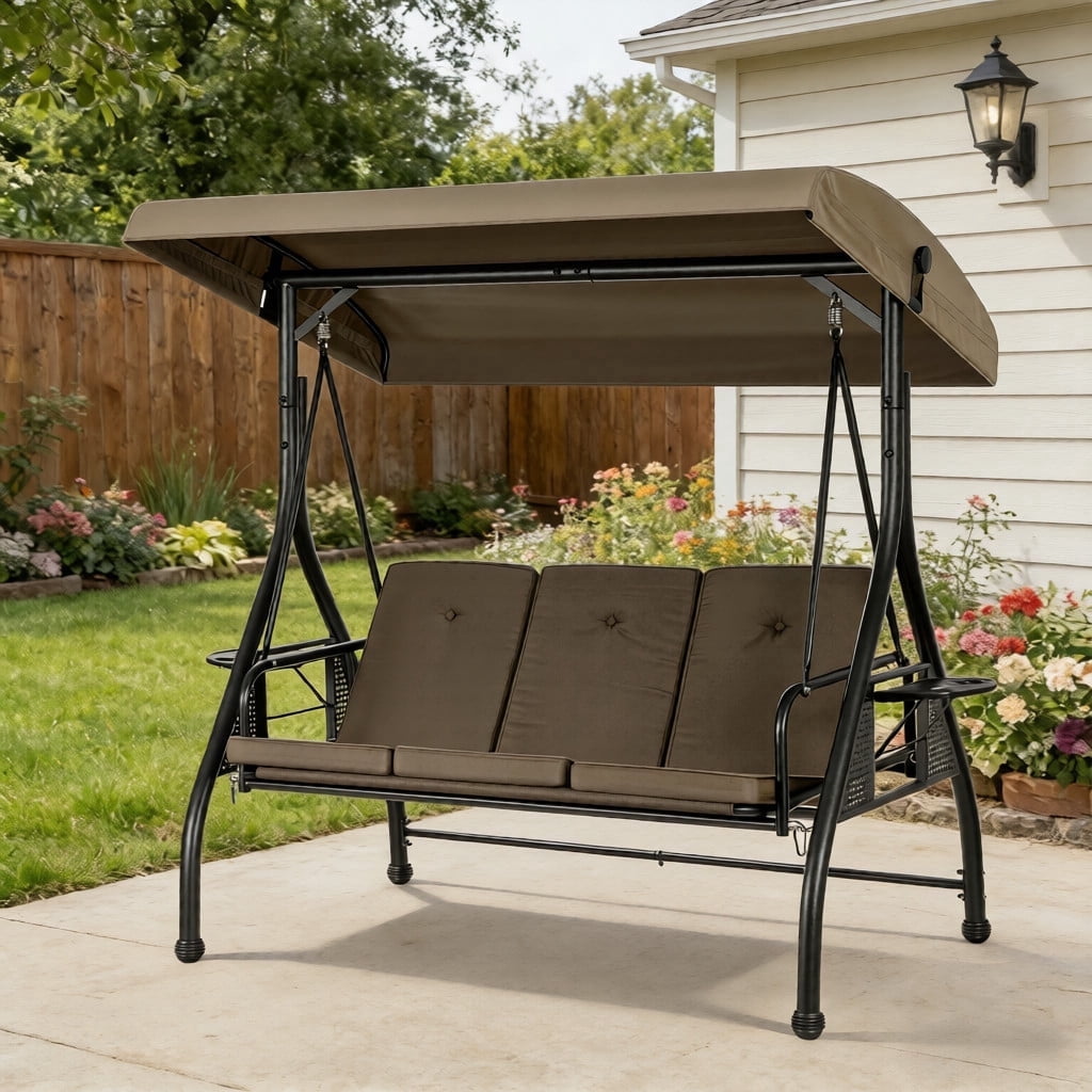 SPECSTAR 3 Seats Patio Swing Chair, Outdoor Converting Canopy Swing Chair w/ Removable Cushion,Swing Glider Hammock for Patio, Garden, Gray