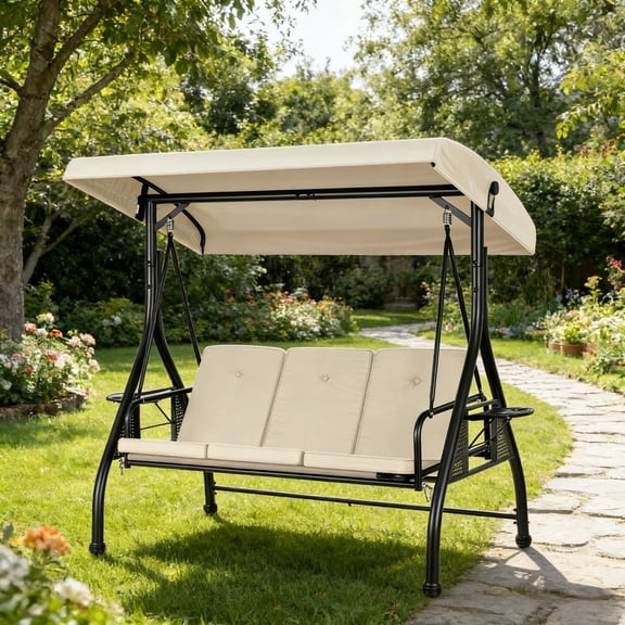 SPECSTAR 3 Seats Patio Swing Chair, Outdoor Converting Canopy Swing Chair w/ Removable Cushion,Swing Glider Hammock for Patio, Garden, Khaki