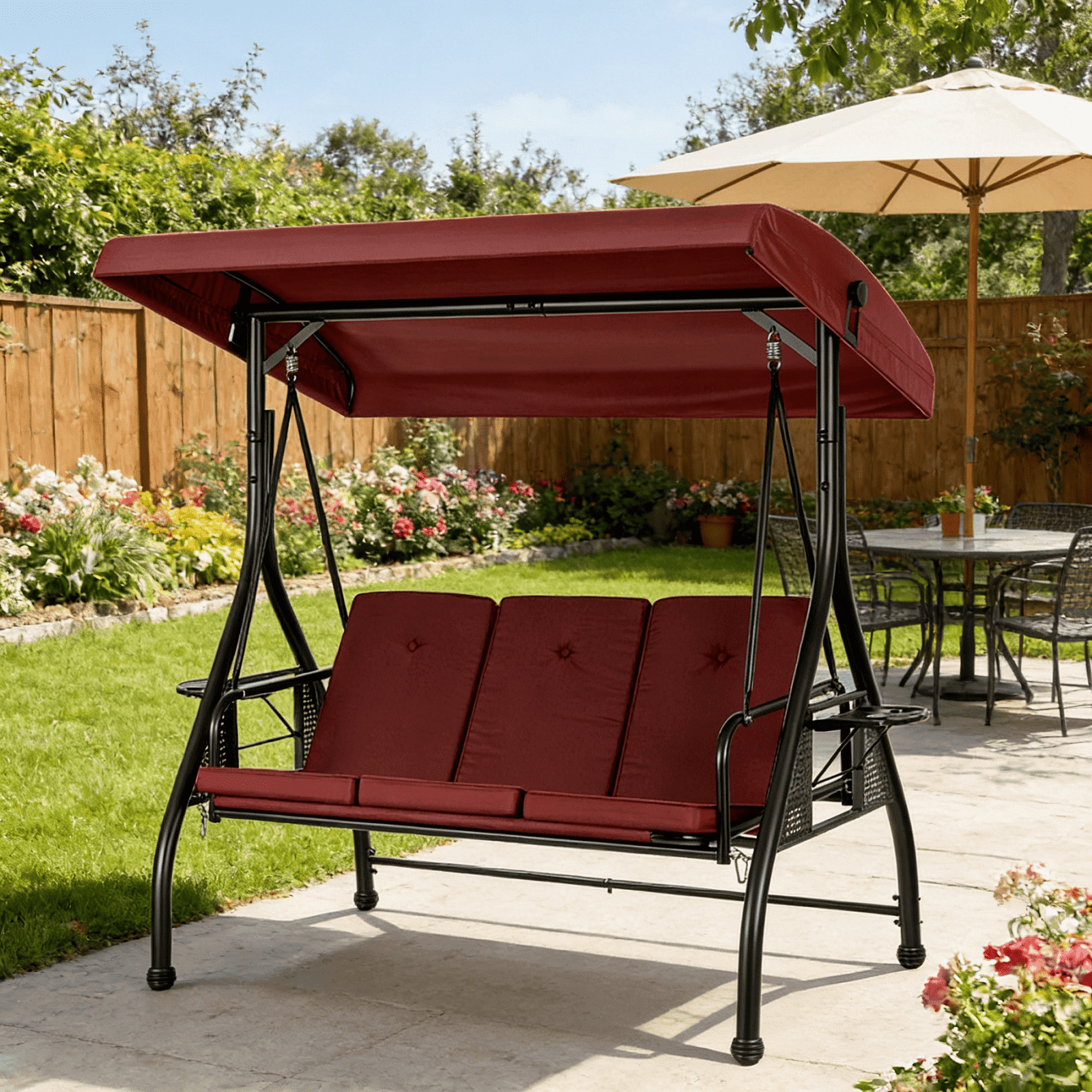 SPECSTAR 3 Seats Patio Swing Chair, Outdoor Converting Canopy Swing Chair w/ Removable Cushion,Swing Glider Hammock for Patio, Garden, Red