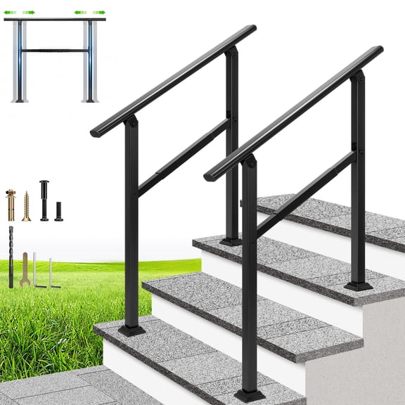 SPECSTAR 2-Pack Adjustable Outdoor Handrails, 3 Steps Galvanized Steel Railing with Oval Armrests, Hand Railing for Porch, Deck, or Indoor Stairs
