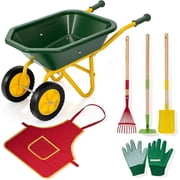 SPECSTAR 30 Inch Kids Wheelbarrow Set, 6 PCS for Children Ages 3‑8, Includes Metal Gardening Tools, Apron & Gloves for Fun Educational Backyard Play