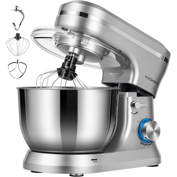 SPECSTAR 4.75 Quart Stand Mixer, 8 Speed Kitchen Electric Food Mixer, Household Stand Mixer for Baking, Cake, Bread with Beater, Dough Hook, Wire Whip and Egg Separator, Silver