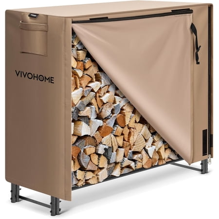 SPECSTAR 4 ft Heavy Duty Firewood Rack Outdoor with Cover, Fire Wood Storage Rack, Log Holder and Cover Combo Set with Zipper, Brown