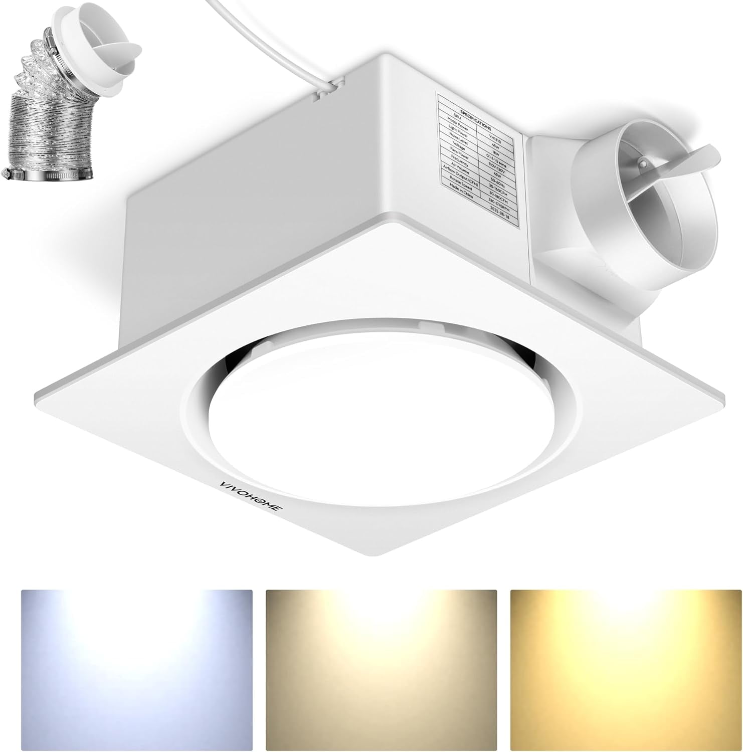 SPECSTAR AutoFlow Bathroom Exhaust Fan with Light & Humidity Sensor (30-110-160CFM) - 3CCT Dimmable LED, Energy-Saving EC Motor, Dual Insulation, Constant Airflow, (Install Kit, 4-in Duct)
