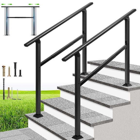 SPECSTAR 2-Pack Adjustable Outdoor Handrails, 4 Steps Galvanized Steel Railing with Oval Armrests, Hand Railing for Porch, Deck, or Indoor Stairs