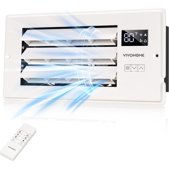 SPECSTAR 4'' x 10'' Opening Register Booster Fan with Adjustable Wind Direction Louver, Smart Intelligent Thermostat & 10-Speed Remote Control - 11.4" x 5.5" Vent Cover for Room, Floor, Wall - White