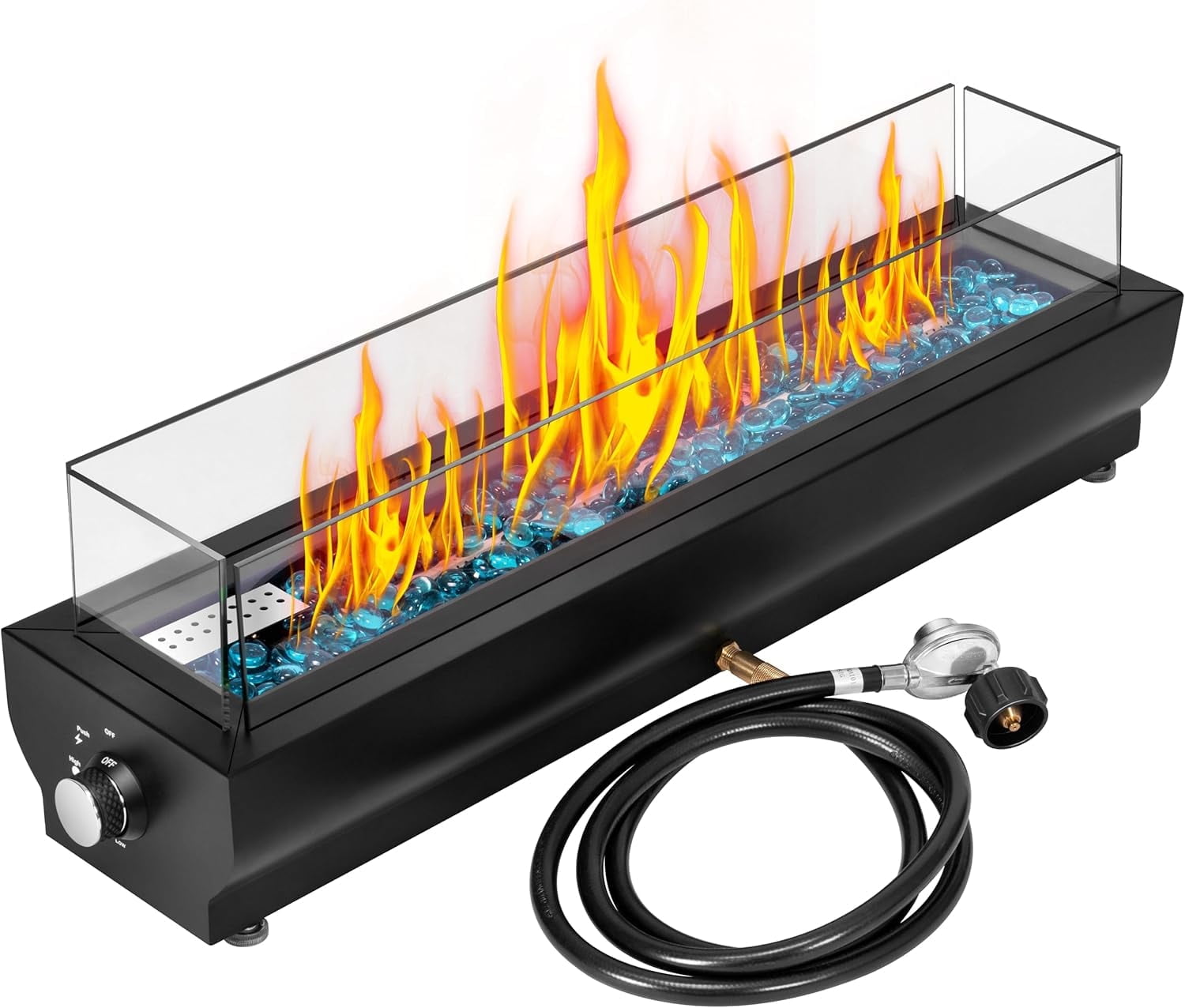 SPECSTAR 40,000 BTU Tabletop Propane Fire Pit, 30-inch Outdoor Rectangular Fireplace with Glass Rocks, Wind Glass Shield, Bottom/Side Mounted Fire Bowl Smokeless for Patios