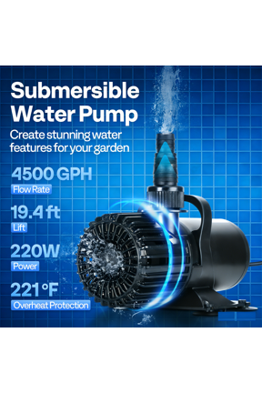 220W 4500GPH Submersible Water Pump with 180° Seamless Adjustable Nozzle and Barrier Bag for Koi Pond Waterfall Fountains Fish Tank