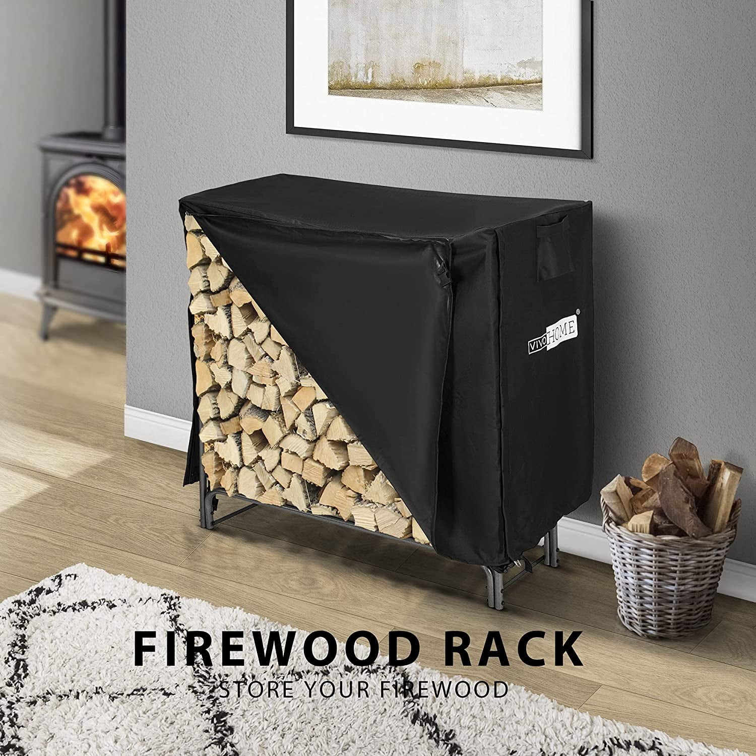 SPECSTAR 4ft Firewood Storage Log Rack with Cover, Heavy Duty Indoor Outdoor Fireplace Logs Holder Cover Combo Set Black