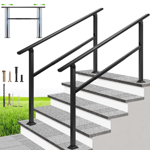 SPECSTAR 2-Pack Adjustable Outdoor Handrails, 5 Steps Galvanized Steel Railing with Oval Armrests, Hand Railing for Porch, Deck, or Indoor Stairs