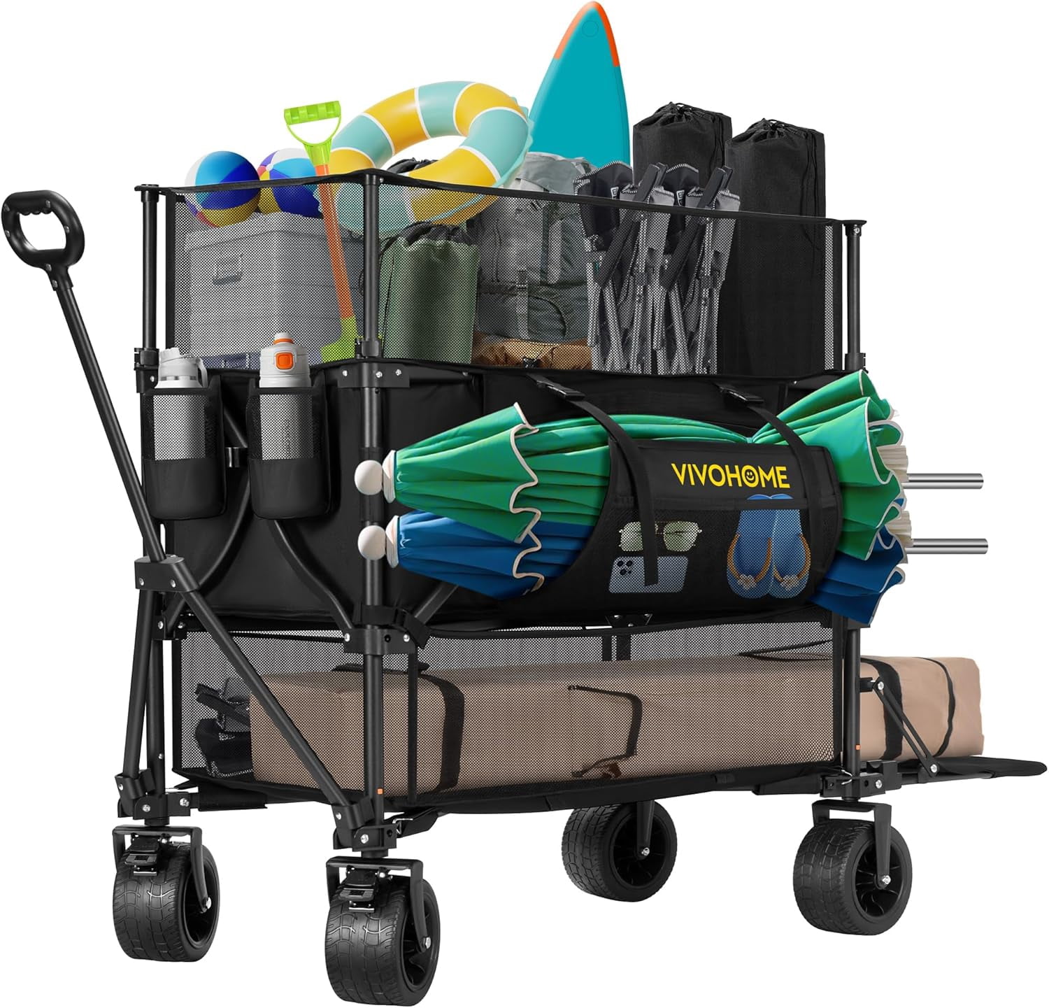 SPECSTAR 500L Large Capacity Double Decker Collapsible Wagon 500lbs Heavy Duty Utility Folding Cart with Big Wheels 53" Extended for Camping, Sports