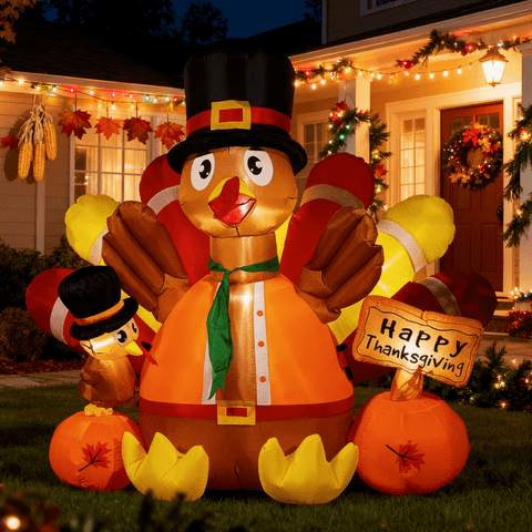 SPECSTAR 5ft Height Thanksgiving Inflatable LED Lighted Turkey with Hat Pumpkins and Chick Blow up Outdoor Lawn Yard Decoration