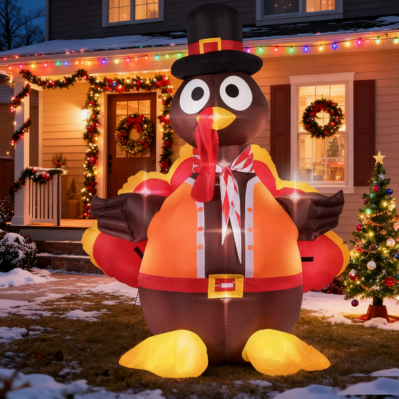 SPECSTAR 5ft Height Thanksgiving Inflatable Lighted Turkey with Hat Blow up Outdoor Lawn Yard Decoration