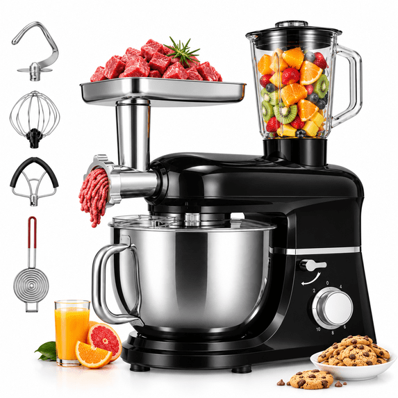 SPECSTAR 6 in 1 Multifunctional Stand Mixer with 8.5 Quart Stainless Steel Bowl, 660W 10 Speed Tilt-Head Meat Grinder, Juice Blender, Vegetable Slicer, Pasta and Cookie Maker, Black
