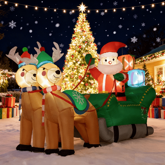 SPECSTAR 6.9ft Long Christmas Inflatable LED Lighted Santa on Sleigh with Reindeers and Gift Boxes Blow up Outdoor Yard Decoration