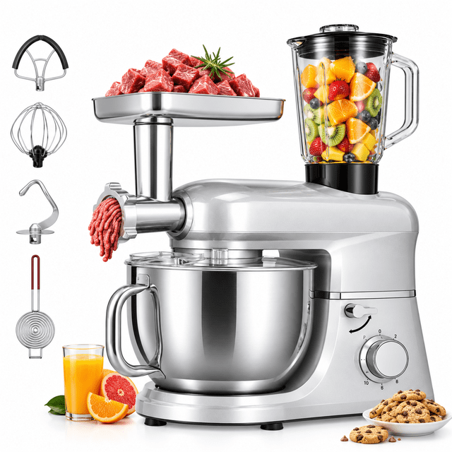 SPECSTAR 6 in 1 Multifunctional Stand Mixer with 8.5 Quart Stainless Steel Bowl, 660W 10 Speed Tilt-Head, Silver