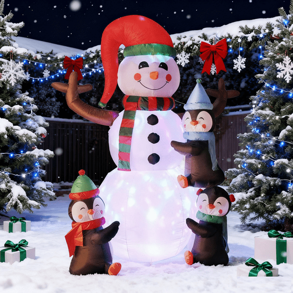 SPECSTAR 6ft Christmas Inflatable Snowman and Penguins with Colorful Rotating Led Lights