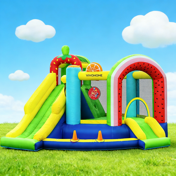SPECSTAR 7 in 1 Bounce House for Kids, Fruit Theme Inflatable Bounce House with Slide, Bouncy Castle with Blower for Outdoor, Basketball, Climb, Jump Area, Ball, Hoop