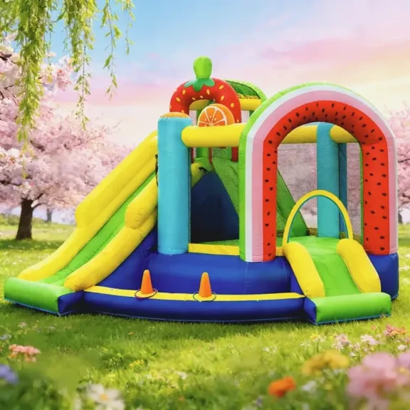 SPECSTAR 7 in 1 Bounce House for Kids, Fruit Theme Inflatable Bounce House with Slide, Bouncy Castle with Blower for Outdoor, Basketball, Climb, Jump Area, Ball, Hoop