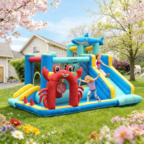 SPECSTAR 7 in 1 Inflatable Bounce House for Kids, Sea Theme Inflatable Bounce House with Slide, Bouncy Castle with Blower for Outdoor, Basketball, Climb, Jump Area, Ball, Water Pool, Hoop