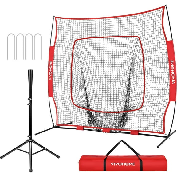 SPECSTAR 7x7Ft Baseball Softball Practice Net with Strike Zone Target Tee and Carry Bag, Red