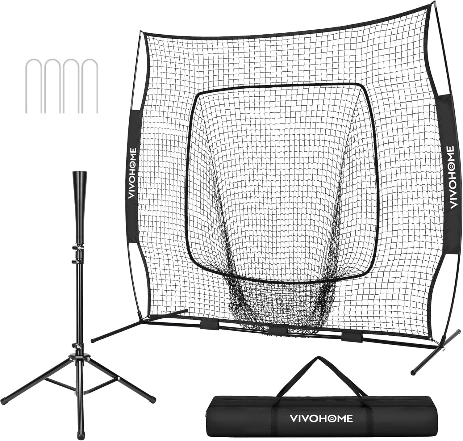 SPECSTAR 7x7Ft Baseball Softball Practice Net with Batting Tee and Carry Bag for Hitting Pitching, Black