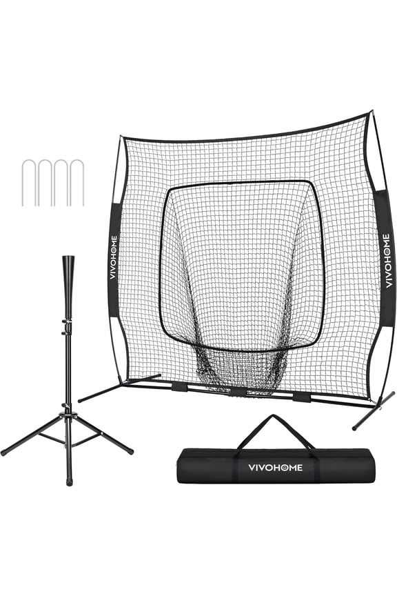 7x7Ft Baseball Softball Practice Net with Batting Tee and Carry Bag for Hitting Pitching, Black