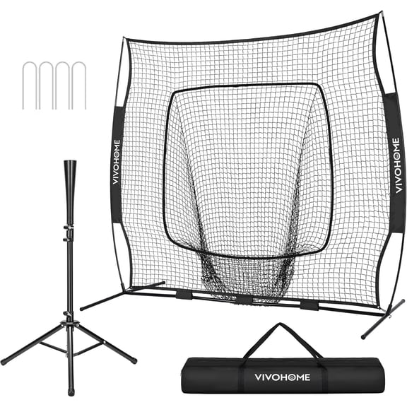SPECSTAR 7x7Ft Baseball Softball Practice Net with Batting Tee and Carry Bag for Hitting Pitching, Black