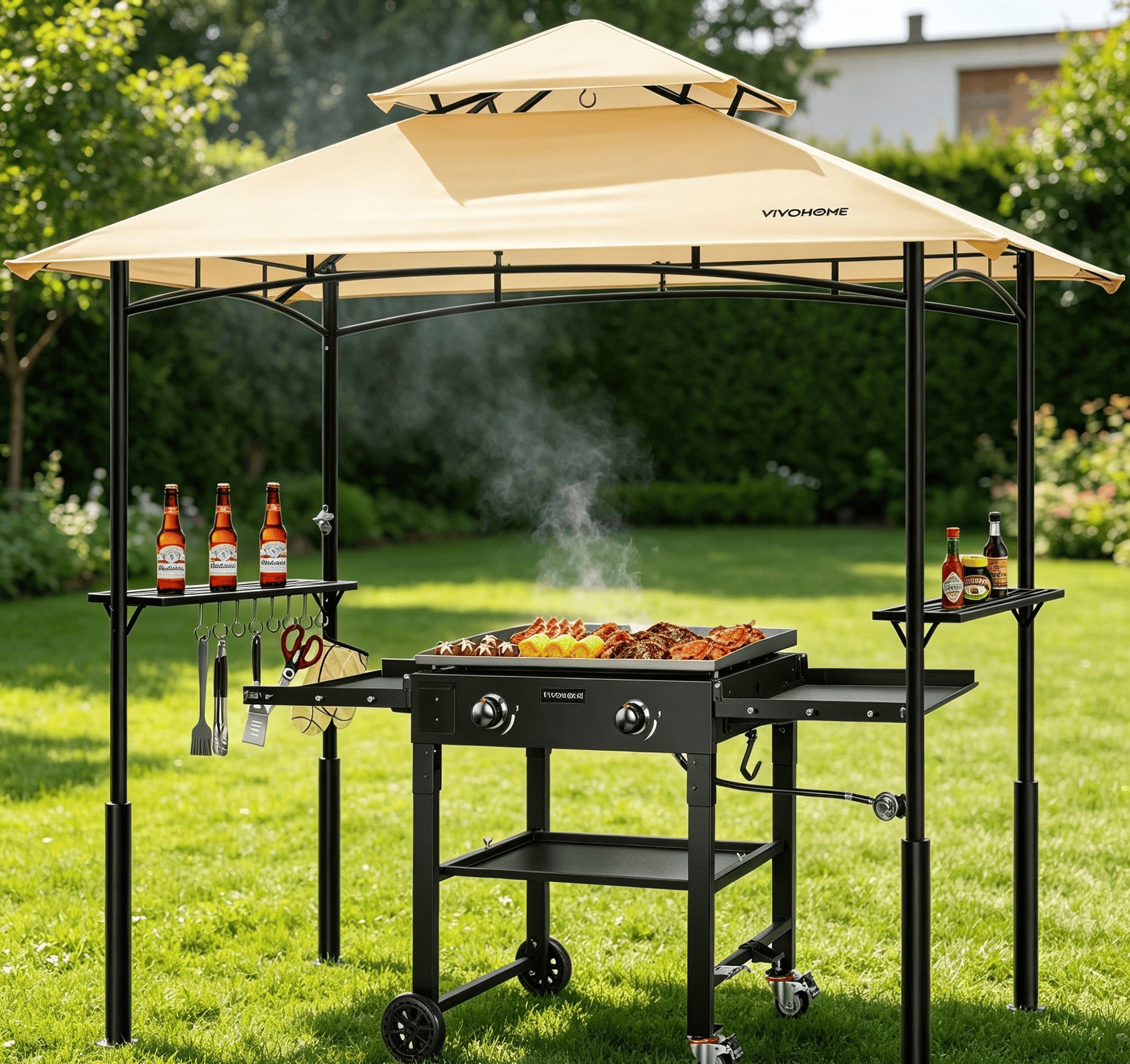 SPECSTAR 8' x 5' Grill Gazebo Canopy, Outdoor BBQ Gazebo Shelter with 2 Side Shelves & Double-Tiered Top, Beige