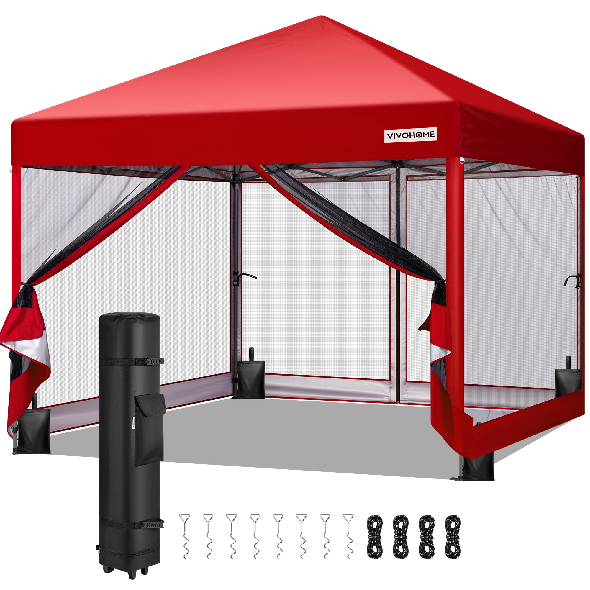 SPECSTAR 8'x 8' Easy Pop-Up Canopy with Mesh Netting, Instant Outdoor Screened tent with Mosquito Netting, 2 Zipper Doors and Roller Bag for Yard Camping Picnic Party Events, Red