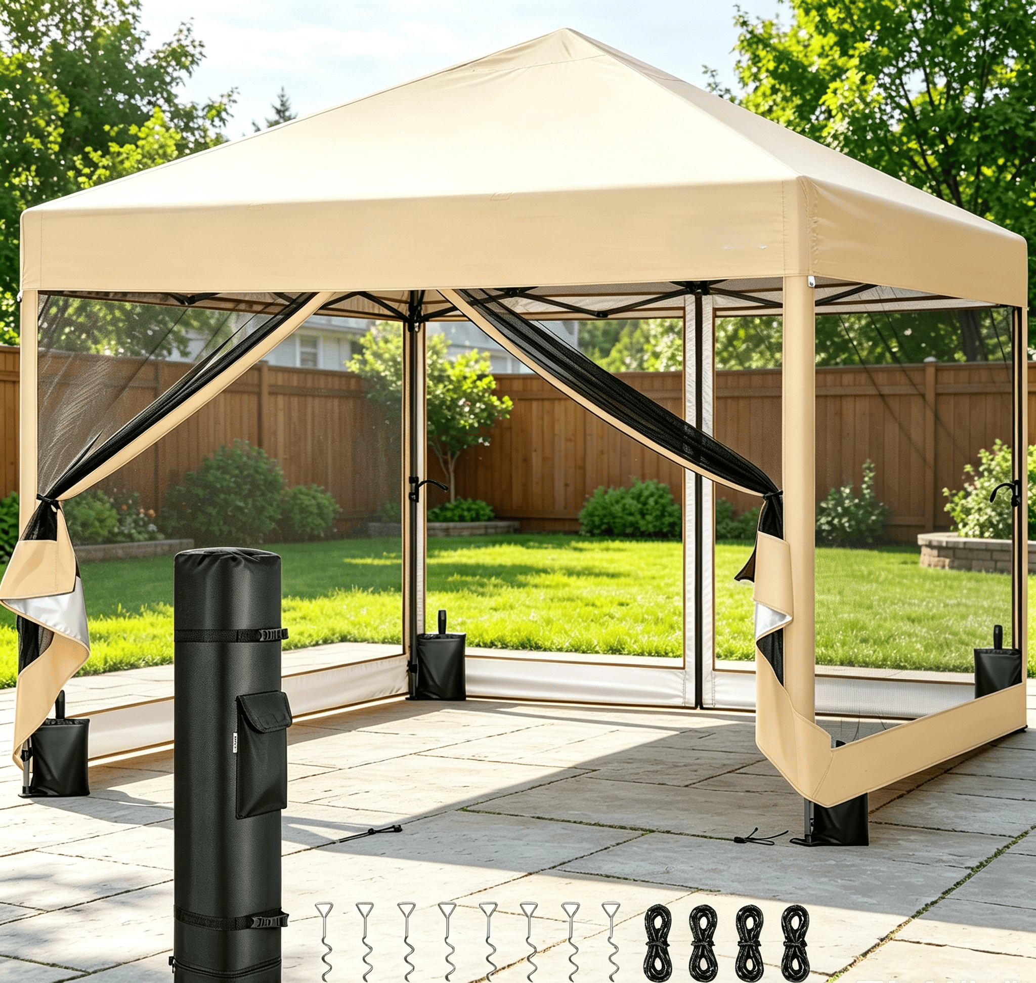 SPECSTAR 8'x 8' Easy Pop-Up Canopy with Mesh Netting, Instant Outdoor Screened tent with Mosquito Netting, 2 Zipper Doors and Roller Bag for Yard Camping Picnic Party Events, Beige