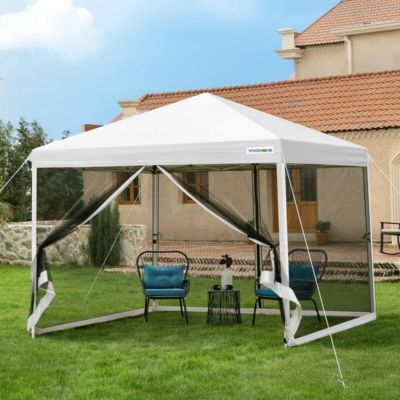 SPECSTAR 8' x8' Easy Pop-Up Canopy, Outdoor Screen Tent with Mosquito Netting, 2 Zipper Doors, and Roller Bag for Yard Camping Picnic Party Events, White