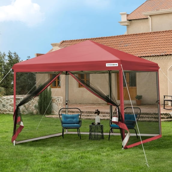 SPECSTAR 8'x 8' Easy Pop-Up Canopy with Mesh Netting, Instant Outdoor Screened tent with Mosquito Netting, 2 Zipper Doors and Roller Bag for Yard Camping Picnic Party Events, Red