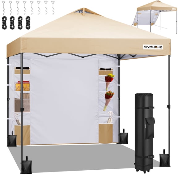 SPECSTAR 8'x8' Pop Up Canopy, One Push Set-up Tent with 1 Sidewall forOutdoor, Beige