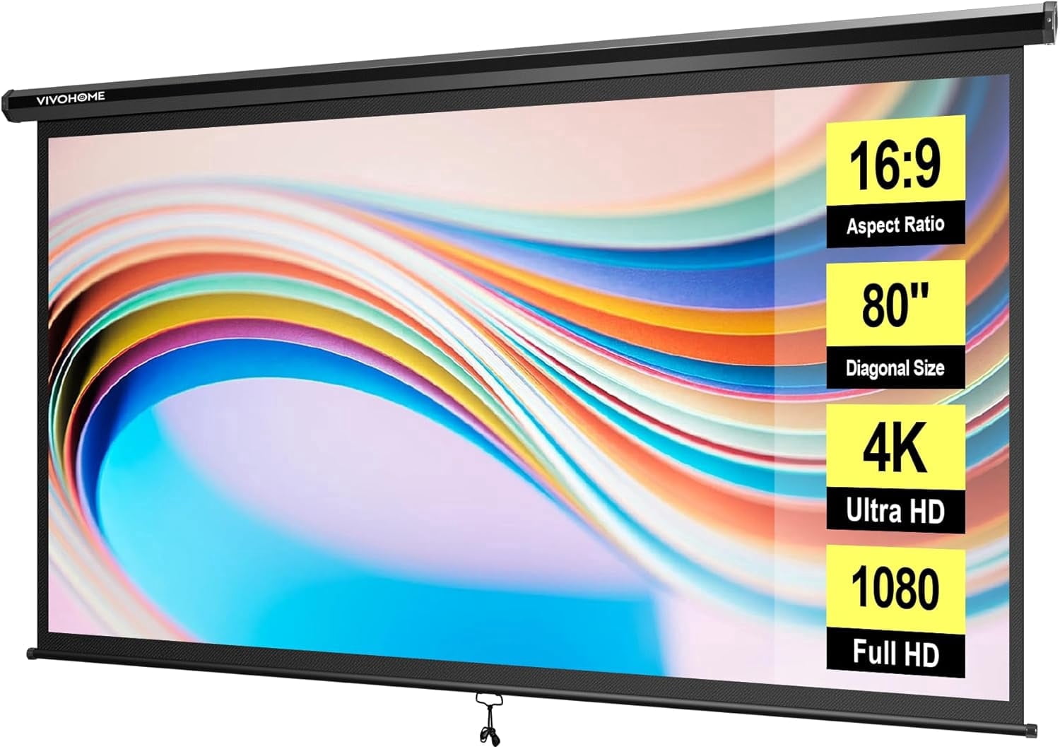 SPECSTAR 80 inch Manual Pull Down Projector Screen, 16:9 HD Retractable Projector Screens with Auto Locking for Movie Home Theater Cinema Office Video Game, Black(70Wx40H Inch Display Area)
