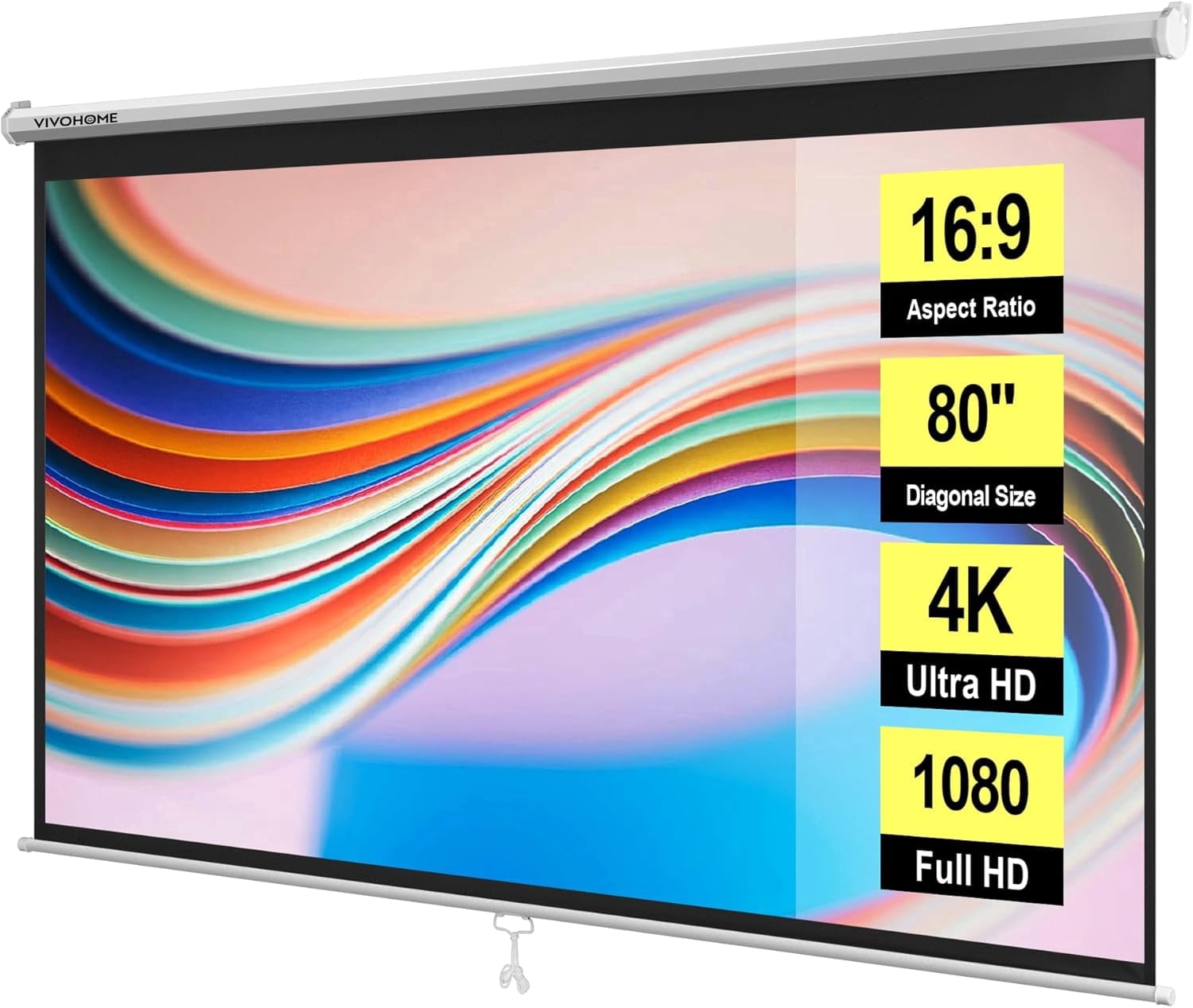 SPECSTAR 80 inch Manual Pull Down Projector Screen, 16:9 HD Retractable Projector Screens with Auto Locking for Movie Home Theater Cinema Office Video Game, White(70Wx40H Inch Display Area)