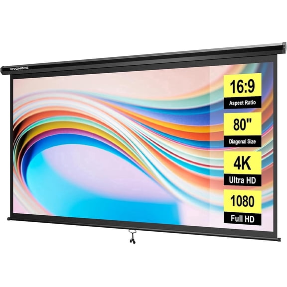 SPECSTAR 80 inch Manual Pull Down Projector Screen, 16:9 HD Retractable Projector Screens with Auto Locking for Movie Home Theater Cinema Office Video Game, Black(70Wx40H Inch Display Area)