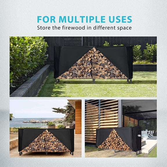 SPECSTAR 8ft Heavy Duty Indoor Outdoor Firewood Storage Log Rack with Cover Combo Set Black
