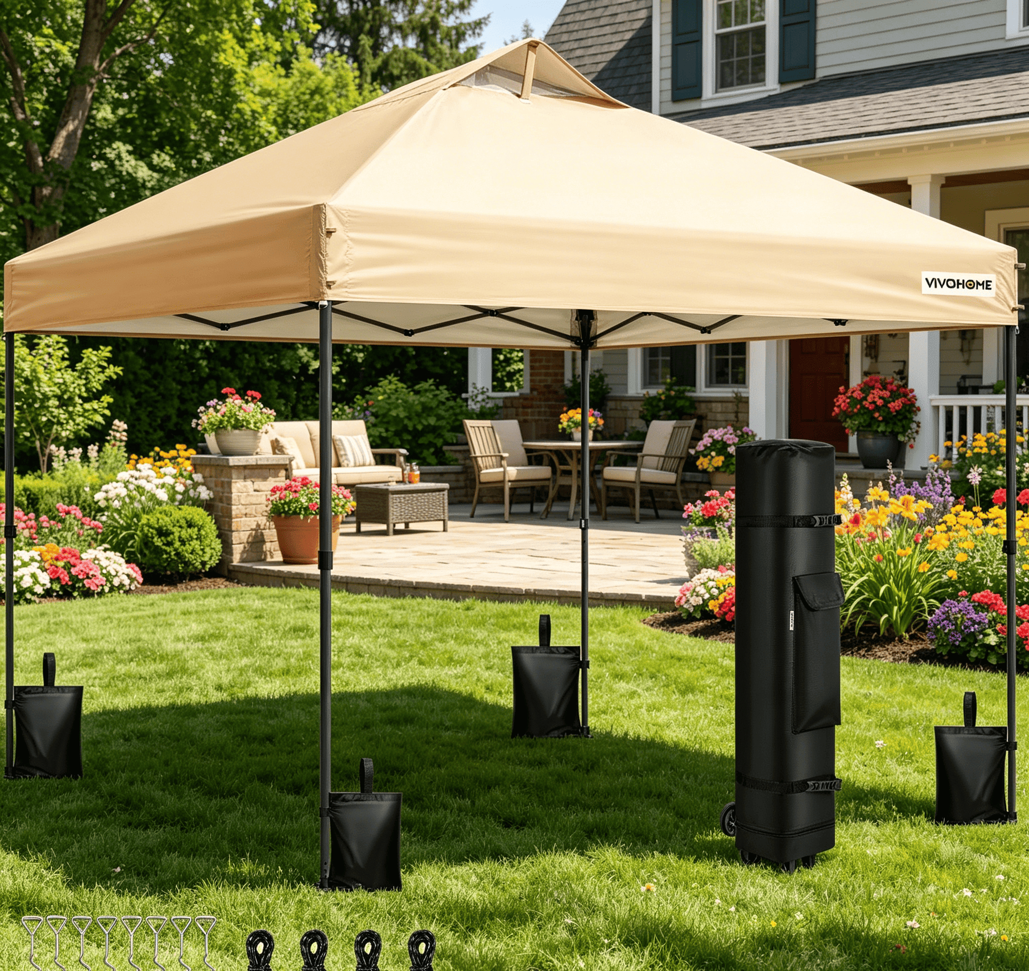 SPECSTAR 8x8ft Pop-up Canopy Tent One Push Setup Instant Tent with Center Lock, Wheel Carry Bag and 4 Sandbags for Events Parties, Beige