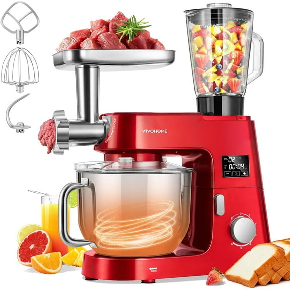 SPECSTAR 9 in 1 Multifunctional Stand Mixer with Fermentation, 6 Speed 7.5 Quart Kitchen Electric Food Mixer with Timer, Meat Grinder, Juice Blender, Vegetable Slicer, Pasta and Cookie Maker, Red