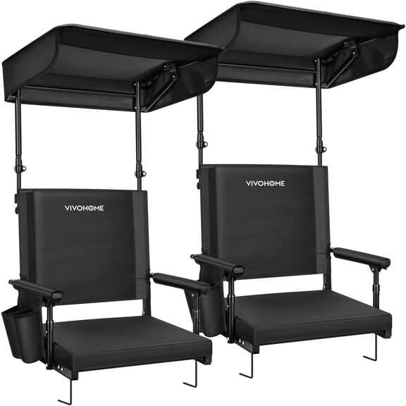 SPECSTAR Set of 2 Portable Stadium Seat,Portable Bleacher Chair with Adjustable Sunshade Canopy,Back Support,2 Cup Holders, Shoulder Strap,Black