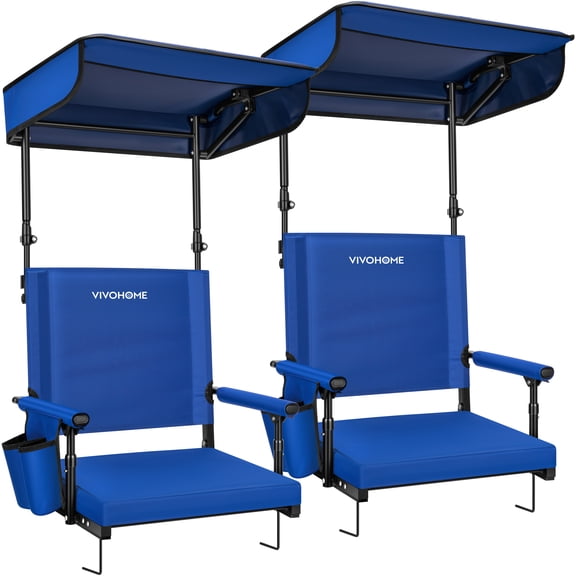 SPECSTAR Set of 2 Portable Stadium Seat,Portable Bleacher Chair with Adjustable Sunshade Canopy,Back Support,2 Cup Holders, Shoulder Strap,Blue