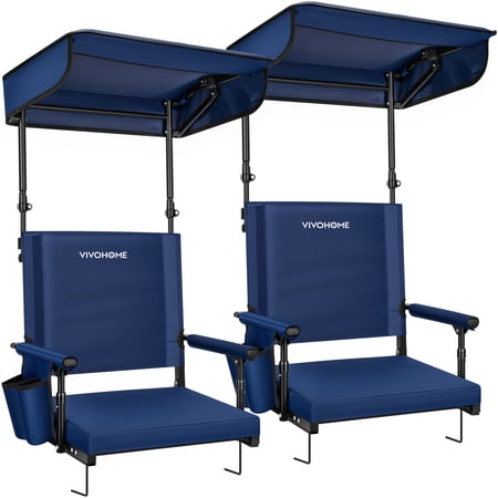 SPECSTAR Set of 2 Portable Stadium Seat,Portable Bleacher Chair with Adjustable Sunshade Canopy,Back Support,2 Cup Holders, Shoulder Strap,Navy Blue