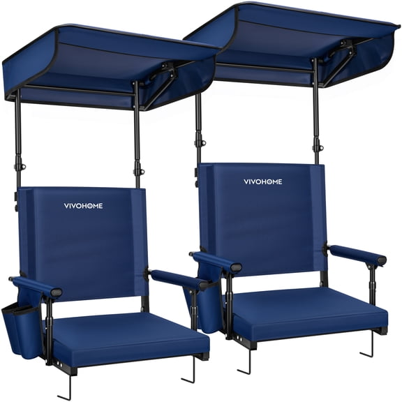 SPECSTAR Set of 2 Portable Stadium Seat,Portable Bleacher Chair with Adjustable Sunshade Canopy,Back Support,2 Cup Holders, Shoulder Strap,Navy Blue