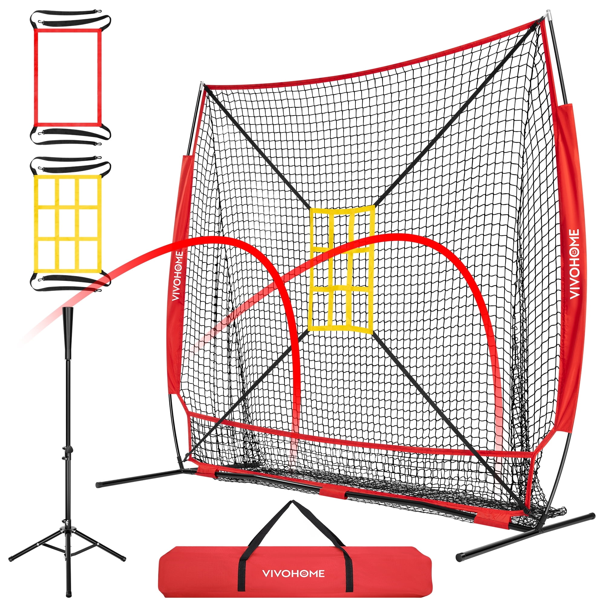 SPECSTAR Baseball Net, 7 x 7 ft Baseball Softball Hitting Net with Large Ball Collection System, Baseball Net for Batting and Pitching with 2 Strike Zone, Batting Tee, Carry Bag