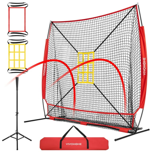 SPECSTAR Baseball Net, 7 x 7 ft Baseball Softball Hitting Net with Large Ball Collection System, Baseball Net for Batting and Pitching with 2 Strike Zone, Batting Tee, Carry Bag