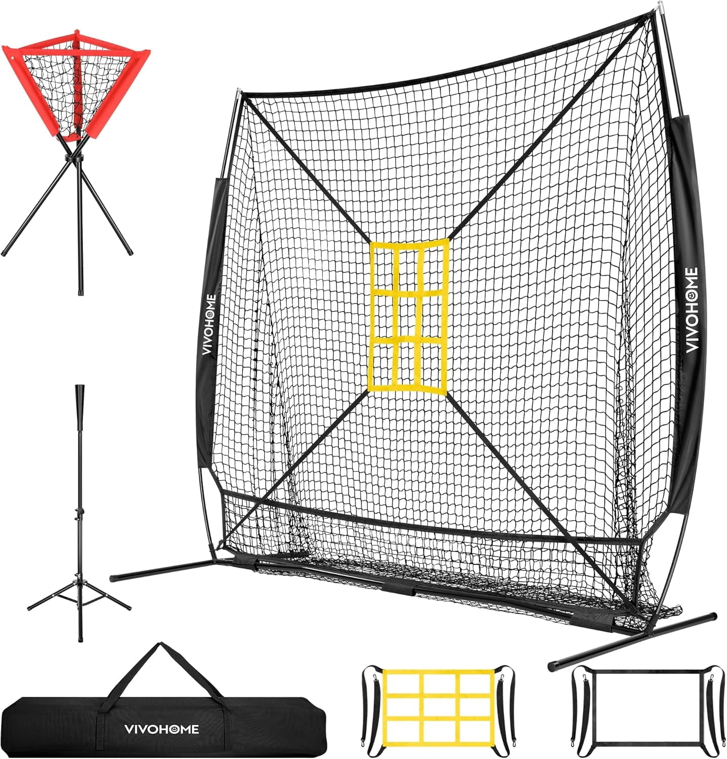 SPECSTAR Baseball Net, 7 x 7 ft Baseball Softball Hitting Net with Large Ball Collection System, with 2 Strike Zone, Batting Tee, Caddy, Carry Bag