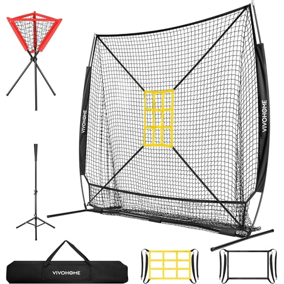SPECSTAR Baseball Net, 7 x 7 ft Baseball Softball Hitting Net with Large Ball Collection System, with 2 Strike Zone, Batting Tee, Caddy, Carry Bag